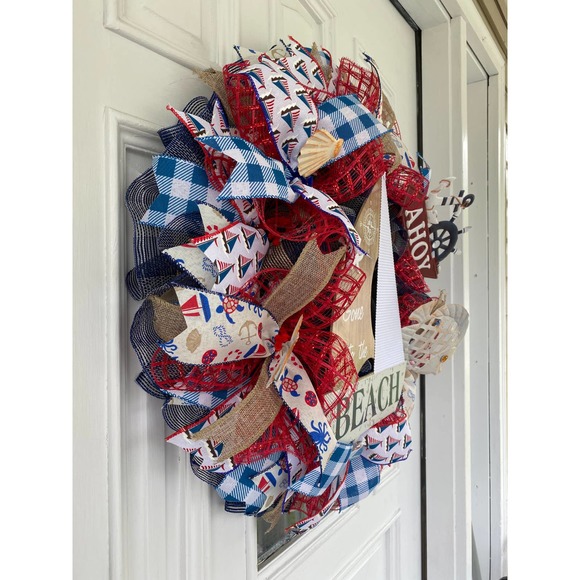 Coastal Sailboat Ahoy Anchor Beach Seashells Fish Summer Deco Mesh Ribbon Wreath - Picture 7 of 9